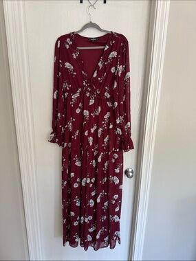 Lulu's Wine Burgundy Floral Maxi Dress with White Bloom Print